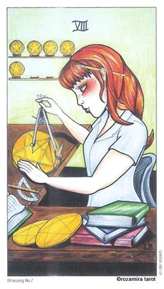 Eight of Pentacles card from the Eight Coins Tattoo Tarot deck