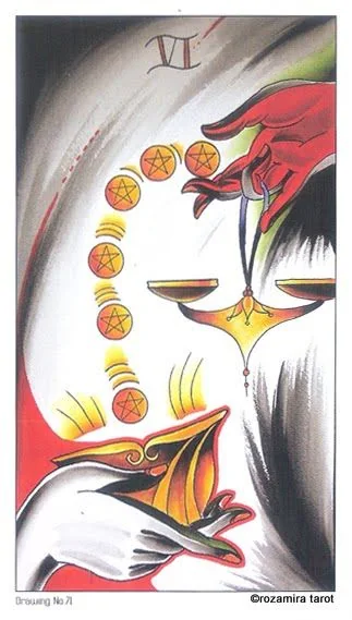 Six of Pentacles card from the Eight Coins Tattoo Tarot deck