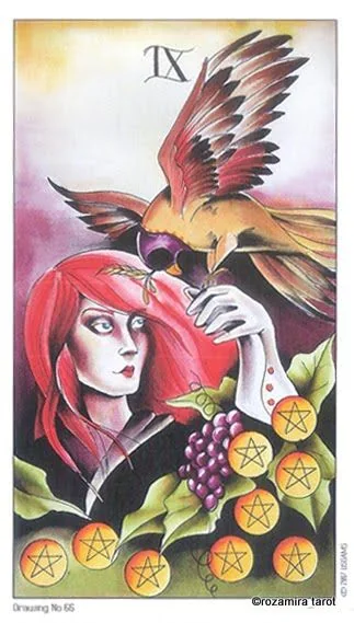 Nine of Pentacles card from the Eight Coins Tattoo Tarot deck