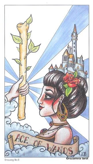 Ace of Wands card from the Eight Coins Tattoo Tarot deck