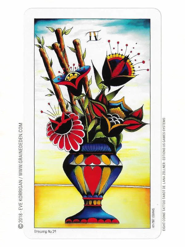 Four of Wands card from the Eight Coins Tattoo Tarot deck