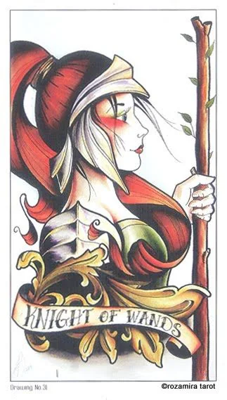 Knight of Wands card from the Eight Coins Tattoo Tarot deck