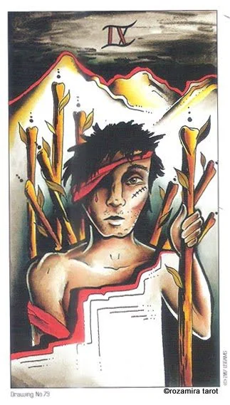 Seven of Wands card from the Eight Coins Tattoo Tarot deck