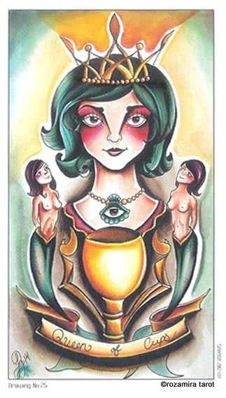 Queen of Cups card from the Eight Coins Tattoo Tarot deck