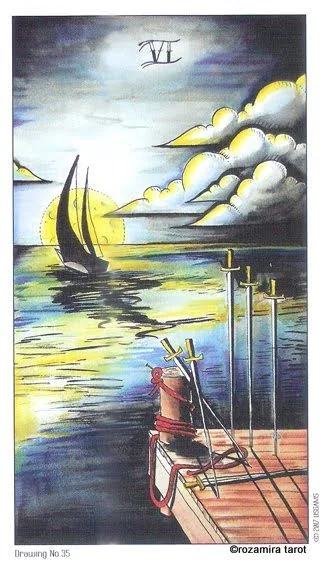 Six of Swords card from the Eight Coins Tattoo Tarot deck