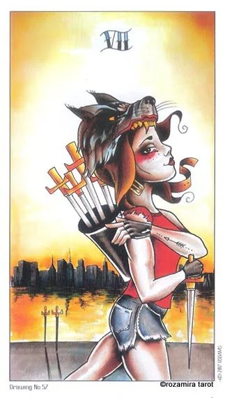 Queen of Swords card from the Eight Coins Tattoo Tarot deck