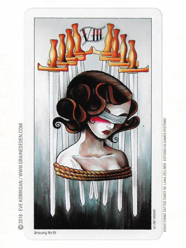 Nine of Swords card from the Eight Coins Tattoo Tarot deck