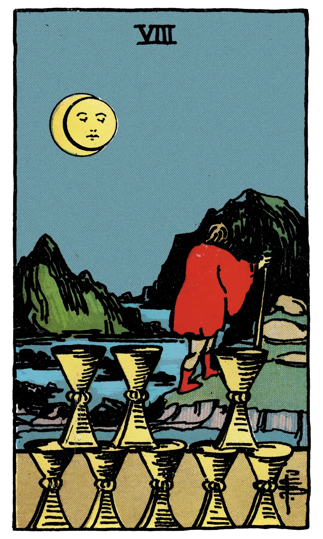 Eight of Cups — Rider-Waite-Smith Tarot by Rider Eight of Cups card from the Rider-Waite-Smith Tarot deck by Rider