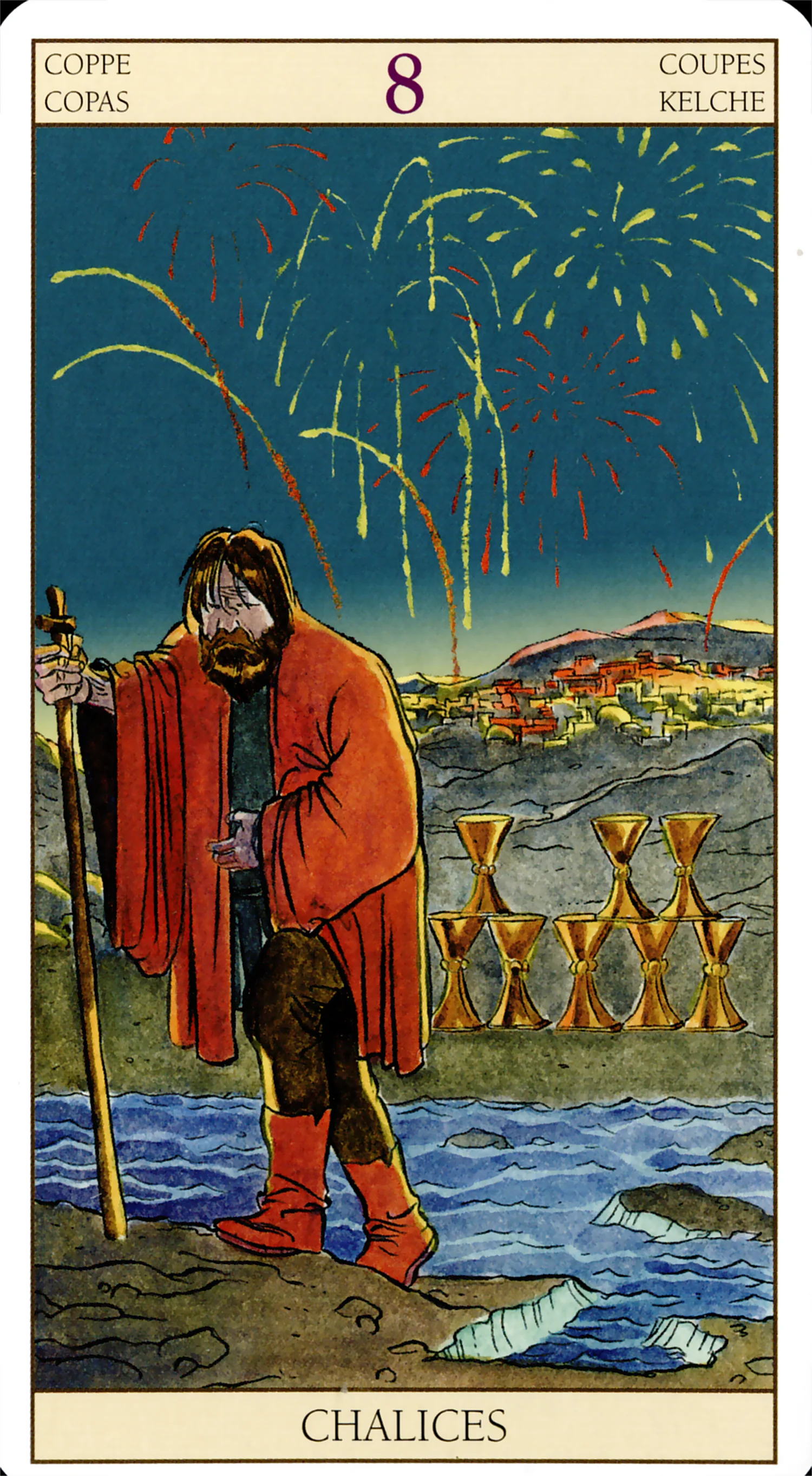 Eight of Cups — Tarot of the New Vision by Lo Scarabeo Eight of Cups card from the Tarot of the New Vision deck by Lo Scarabeo
