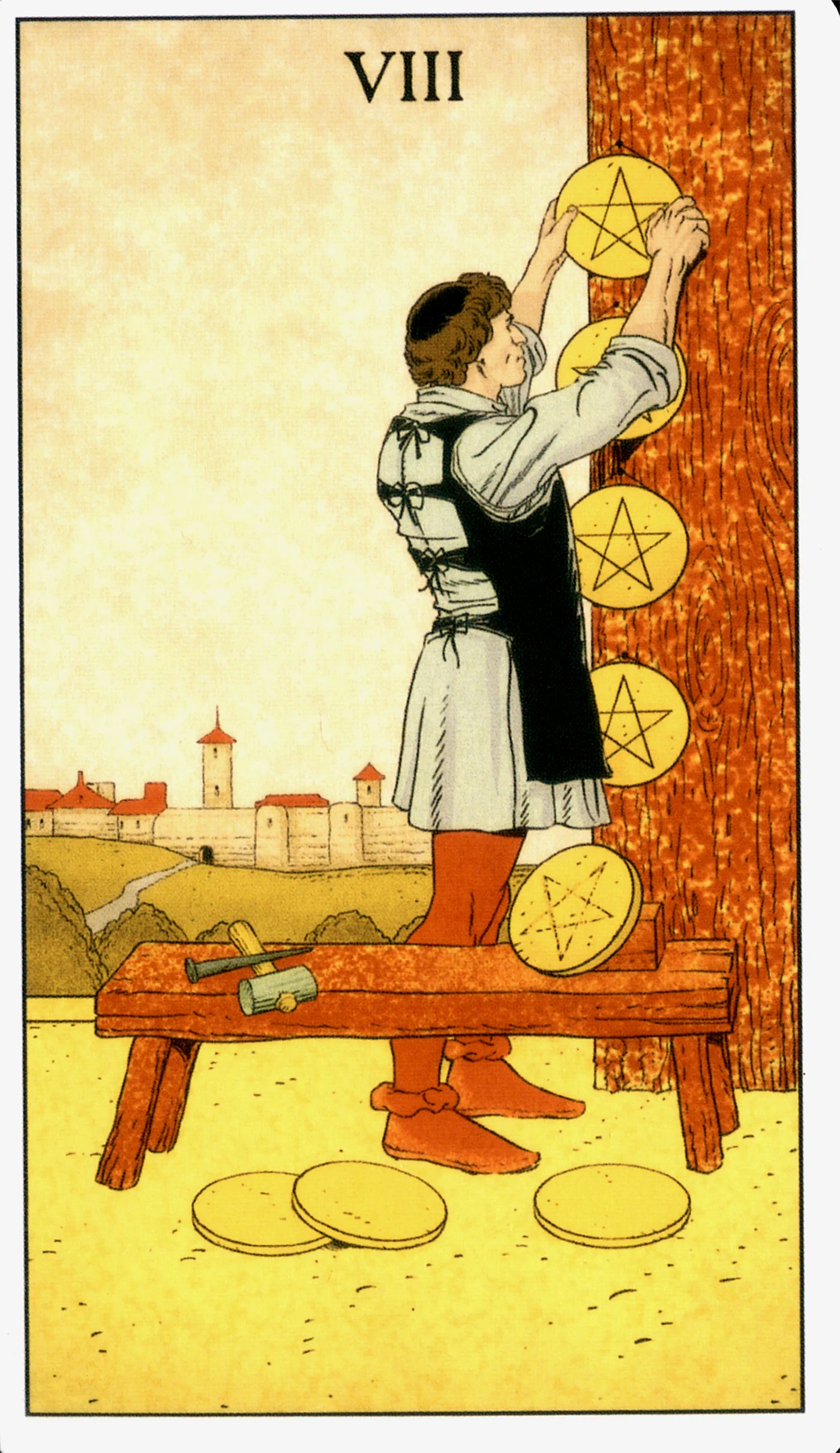 Eight of Pentacles — Before Tarot by Lo Scarabeo Eight of Pentacles card from the Before Tarot deck by Lo Scarabeo