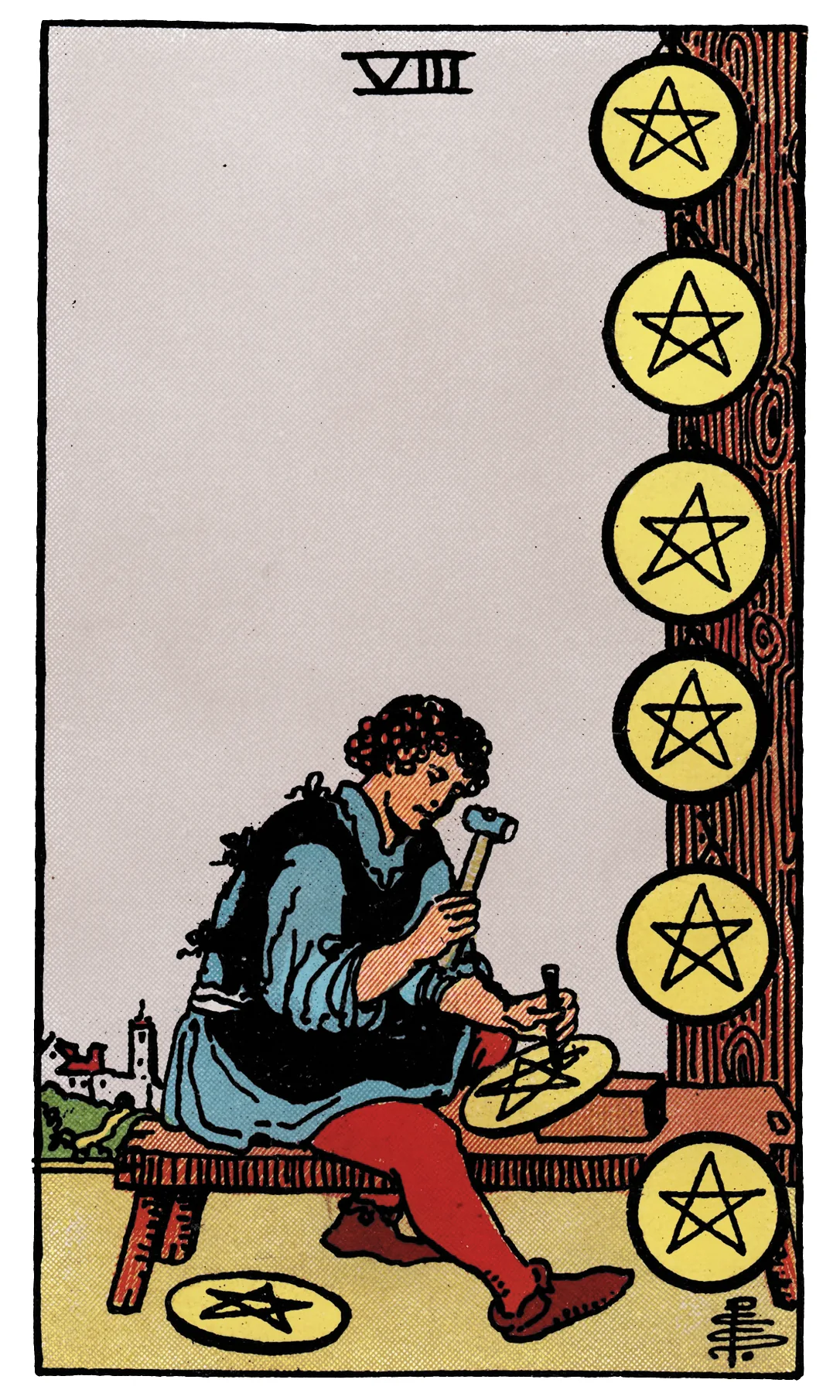 Eight of Pentacles — Rider-Waite-Smith Tarot by Rider Eight of Pentacles card from the Rider-Waite-Smith Tarot deck by Rider