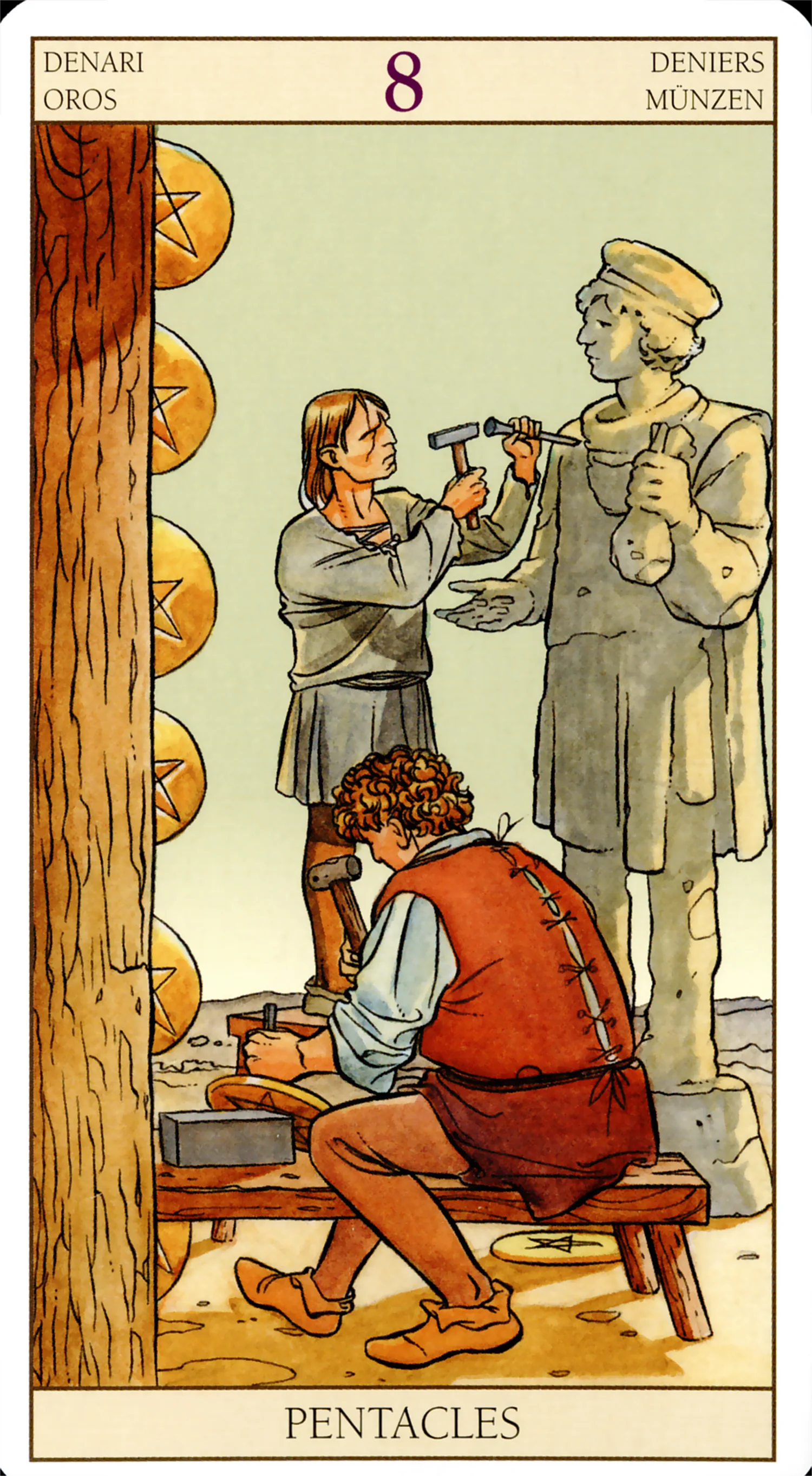 Eight of Pentacles — Tarot of the New Vision by Lo Scarabeo Eight of Pentacles card from the Tarot of the New Vision deck by Lo Scarabeo