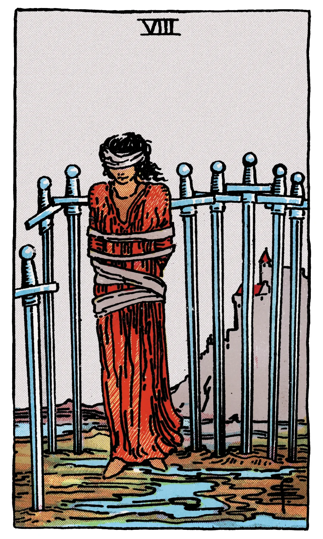 Eight of Swords — Rider-Waite-Smith Tarot by Rider Eight of Swords card from the Rider-Waite-Smith Tarot deck by Rider