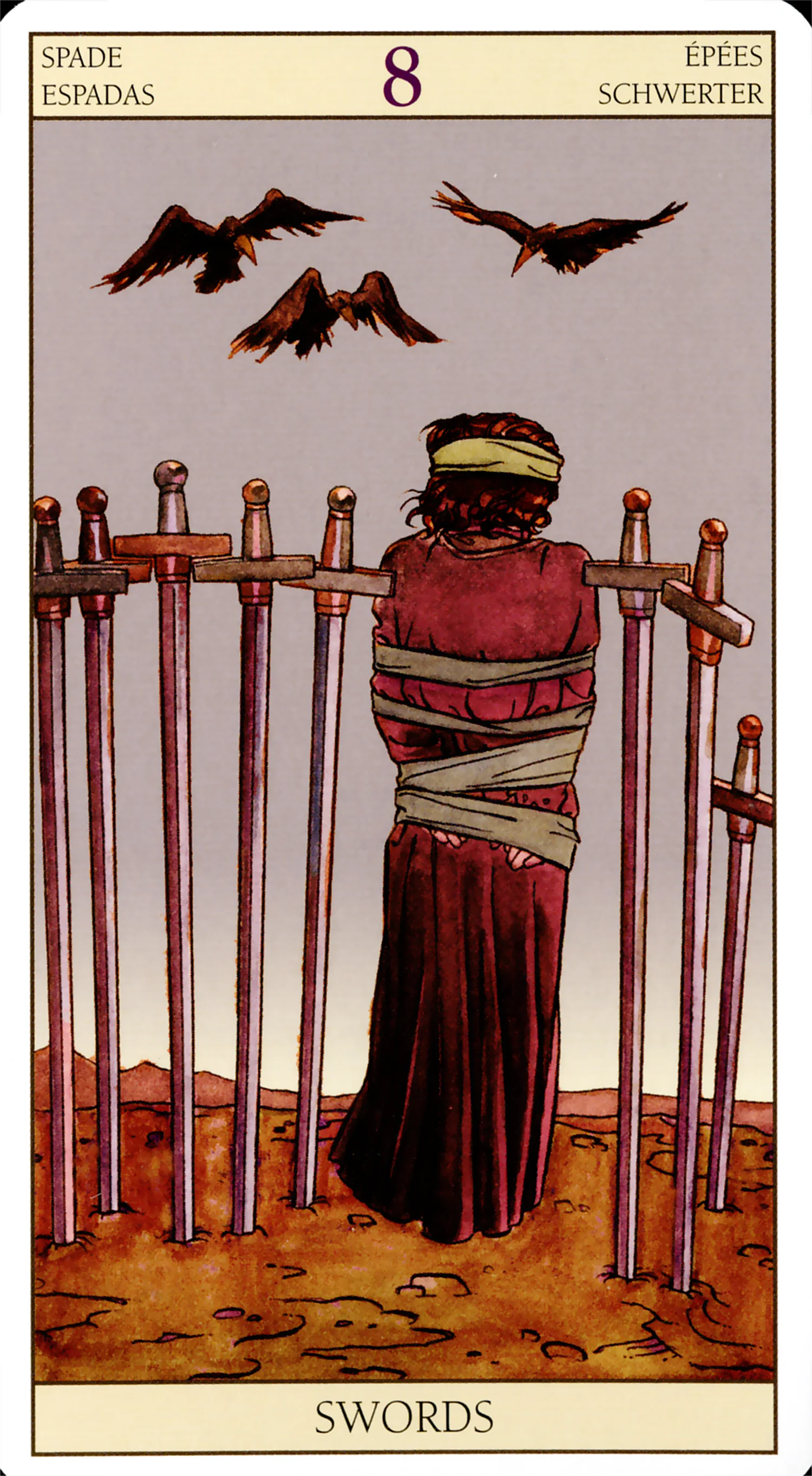 Eight of Swords — Tarot of the New Vision by Lo Scarabeo Eight of Swords card from the Tarot of the New Vision deck by Lo Scarabeo