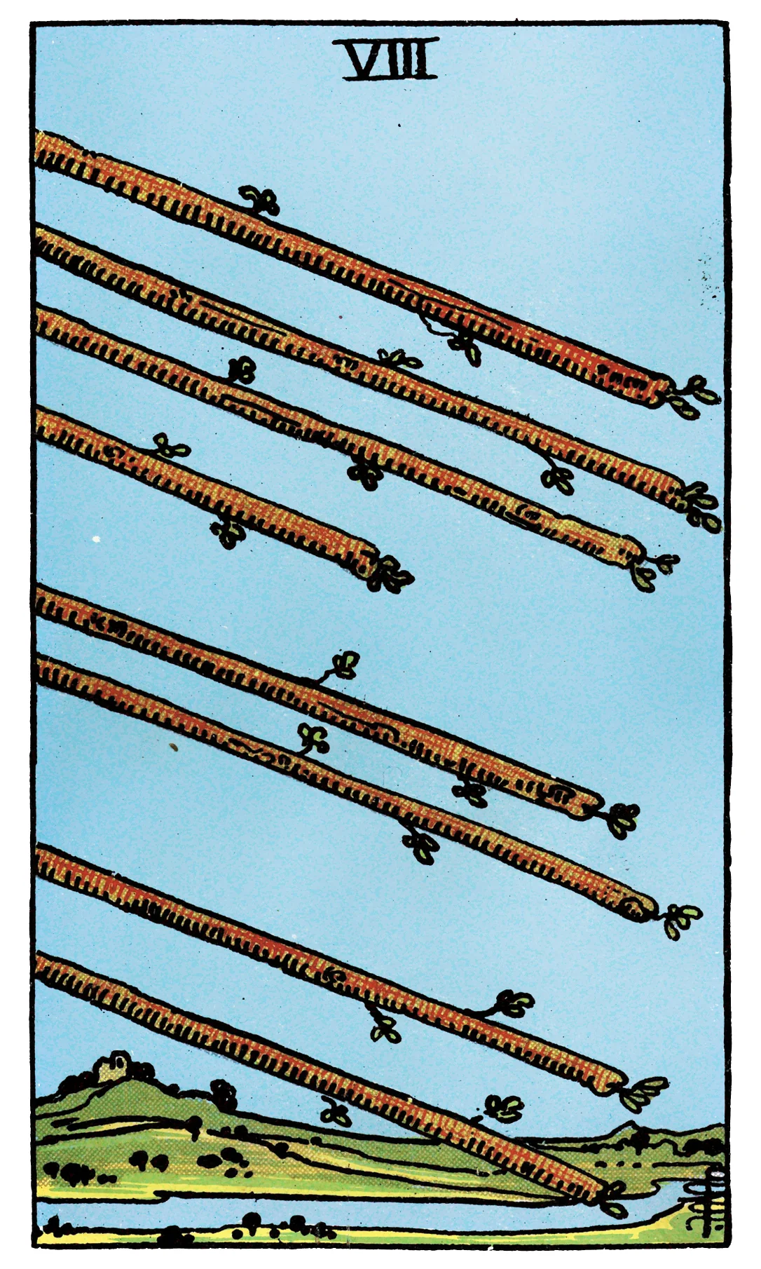 Eight of Wands — Rider-Waite-Smith Tarot by Rider Eight of Wands card from the Rider-Waite-Smith Tarot deck by Rider