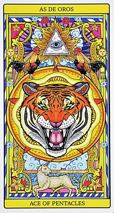 Ace of Pentacles card from El Dios De Los Tres Tarot, part of the 69-card recovered TarotFans gallery