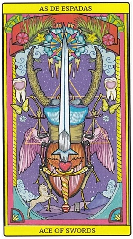 Ace of Swords card from El Dios De Los Tres Tarot, part of the 69-card recovered TarotFans gallery