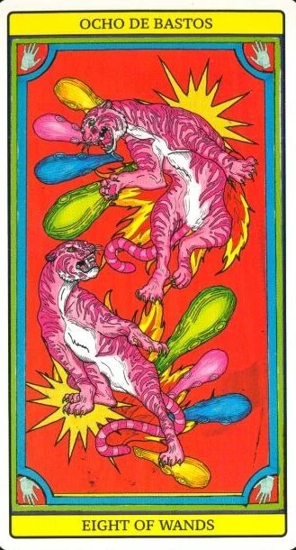 Eight of Wands card from El Dios De Los Tres Tarot, part of the 69-card recovered TarotFans gallery