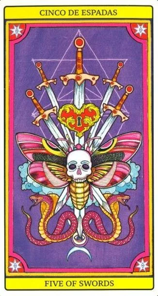 Five of Swords card from El Dios De Los Tres Tarot, part of the 69-card recovered TarotFans gallery