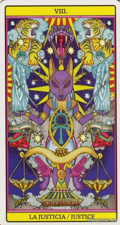 Justice card from El Dios De Los Tres Tarot, part of the 69-card recovered TarotFans gallery