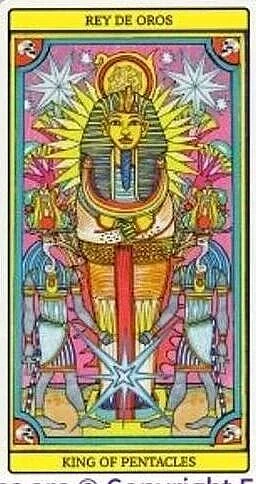 King of Pentacles card from El Dios De Los Tres Tarot, part of the 69-card recovered TarotFans gallery