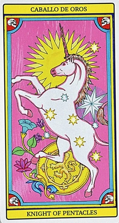 Knight of Pentacles card from El Dios De Los Tres Tarot, part of the 69-card recovered TarotFans gallery
