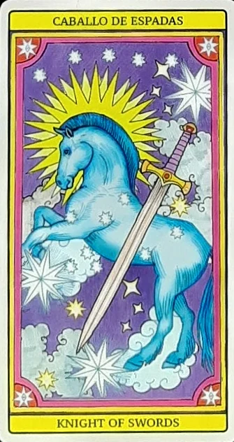 Knight of Swords card from El Dios De Los Tres Tarot, part of the 69-card recovered TarotFans gallery