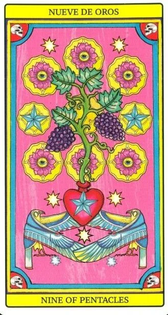 Nine of Pentacles card from El Dios De Los Tres Tarot, part of the 69-card recovered TarotFans gallery