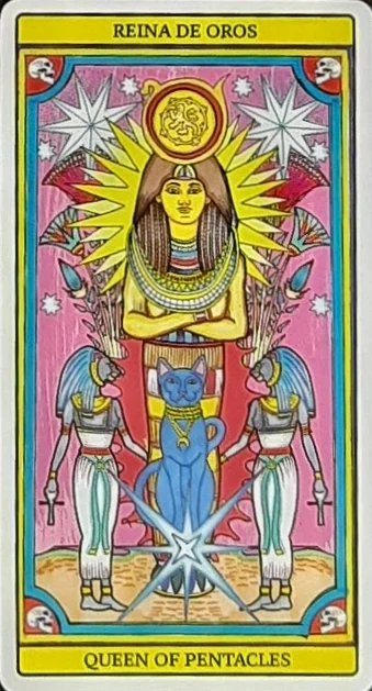 Queen of Pentacles card from El Dios De Los Tres Tarot, part of the 69-card recovered TarotFans gallery