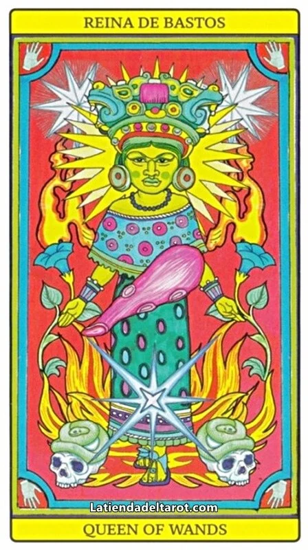 Queen of Wands card from El Dios De Los Tres Tarot, part of the 69-card recovered TarotFans gallery