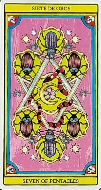Seven of Pentacles card from El Dios De Los Tres Tarot, part of the 69-card recovered TarotFans gallery