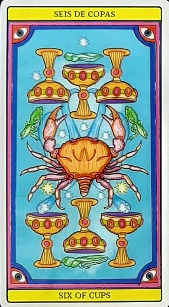 Six of Cups card from El Dios De Los Tres Tarot, part of the 69-card recovered TarotFans gallery