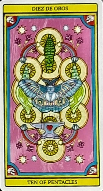 Ten of Pentacles card from El Dios De Los Tres Tarot, part of the 69-card recovered TarotFans gallery