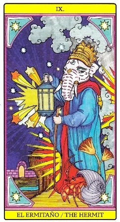 The Hermit card from El Dios De Los Tres Tarot, part of the 69-card recovered TarotFans gallery