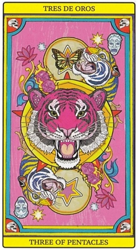 Three of Pentacles card from El Dios De Los Tres Tarot, part of the 69-card recovered TarotFans gallery