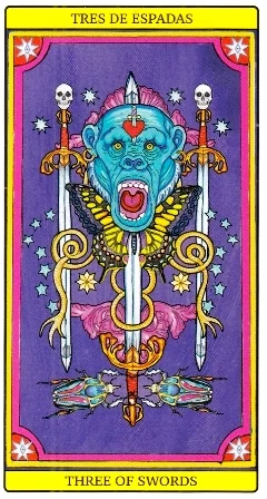 Three of Swords card from El Dios De Los Tres Tarot, part of the 69-card recovered TarotFans gallery