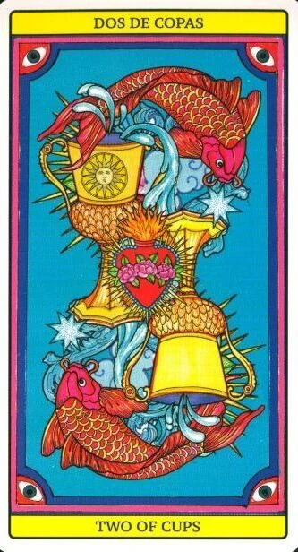 Two of Cups card from El Dios De Los Tres Tarot, part of the 69-card recovered TarotFans gallery