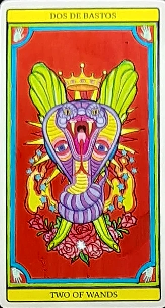 Two of Wands card from El Dios De Los Tres Tarot, part of the 69-card recovered TarotFans gallery
