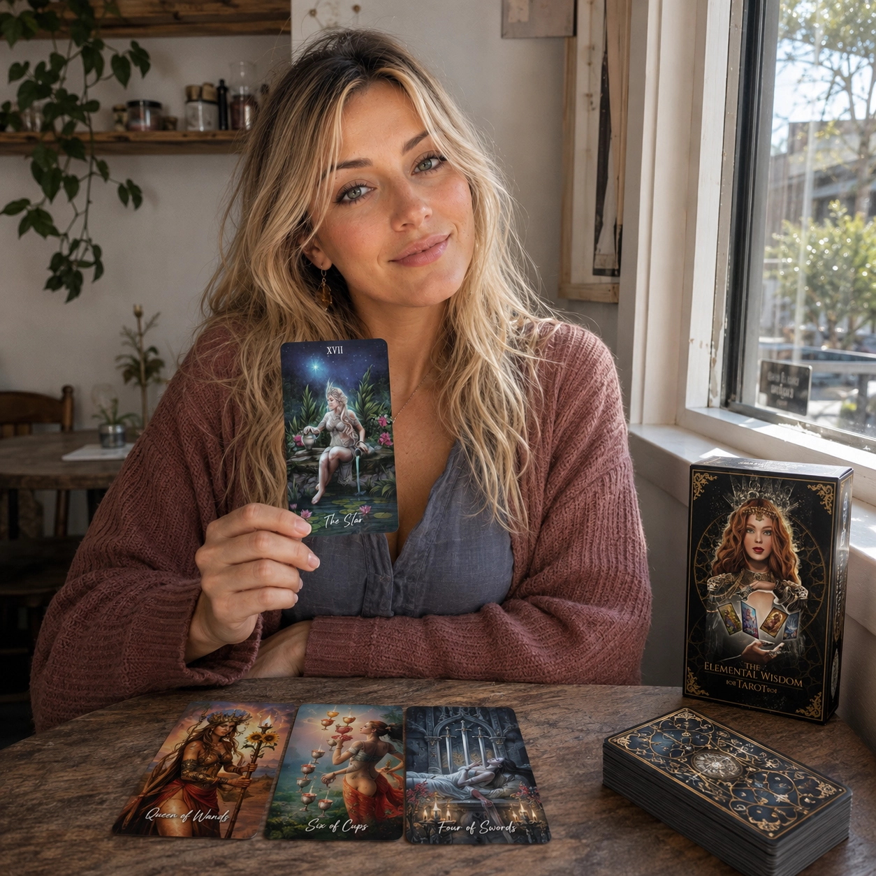 Aurica holding The Star from Elemental Wisdom Tarot beside its box, a three-card spread, and the stacked deck