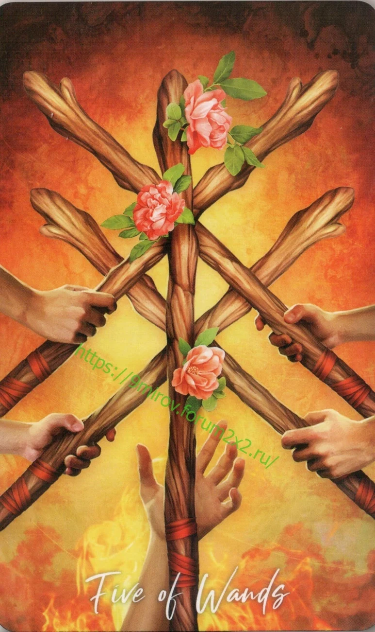 Five of Wands card from Elemental Wisdom Tarot, part of the complete 78-card TarotFans gallery