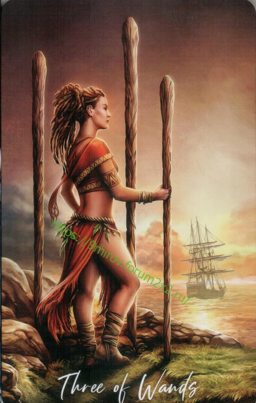 Three of Wands card from Elemental Wisdom Tarot, part of the complete 78-card TarotFans gallery