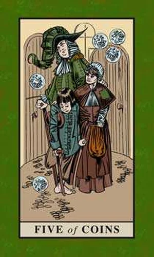 Five of Coins card from English Magic Tarot
