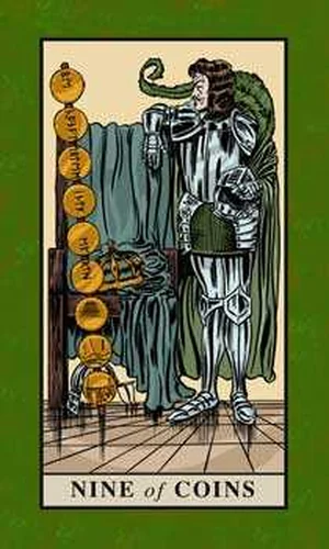Nine of Coins card from English Magic Tarot