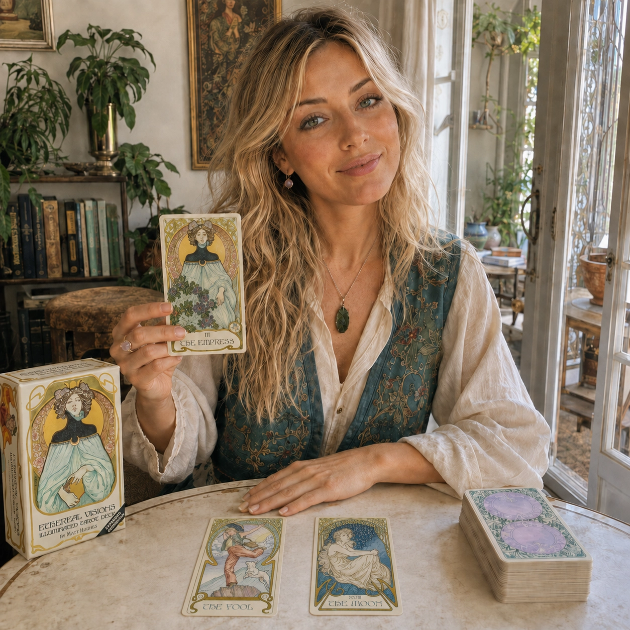 Aurica presenting The Empress beside the Ethereal Visions Tarot box, The Fool and The Moon, and the stacked deck