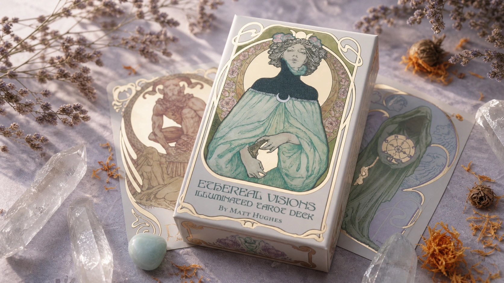 Generated editorial scene of the Ethereal Visions Tarot box with Art Nouveau cards and crystals