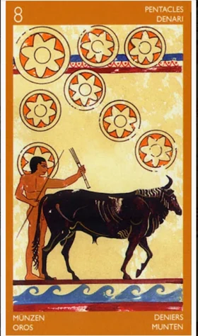 Eight of Pentacles card from the Etruscan Tarot deck by Silvana Alasia