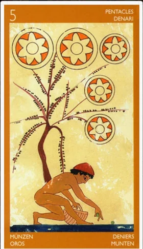 Five of Pentacles card from the Etruscan Tarot deck by Silvana Alasia