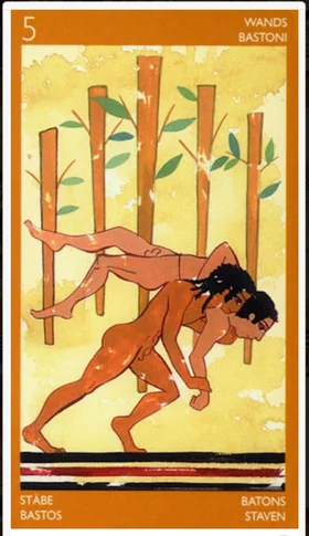 Five of Wands card from the Etruscan Tarot deck by Silvana Alasia
