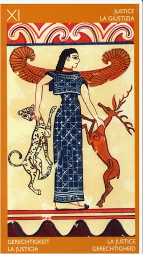 Justice card from the Etruscan Tarot deck by Silvana Alasia