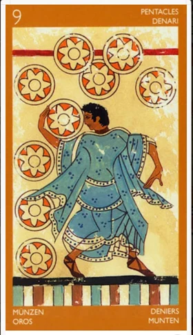 Nine of Pentacles card from the Etruscan Tarot deck by Silvana Alasia